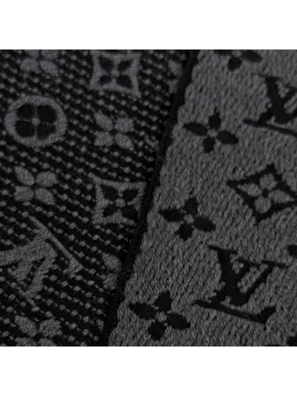 Louis Vuitton Wool 100% Monogram Classic Fringe Scarf Gray Black